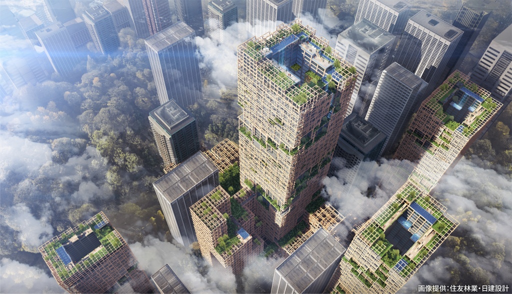 住友林業が発表した研究技術開発構想、地上70階の木造超高層ビルのイメージ図（画像提供 住友林業・日建設計）
